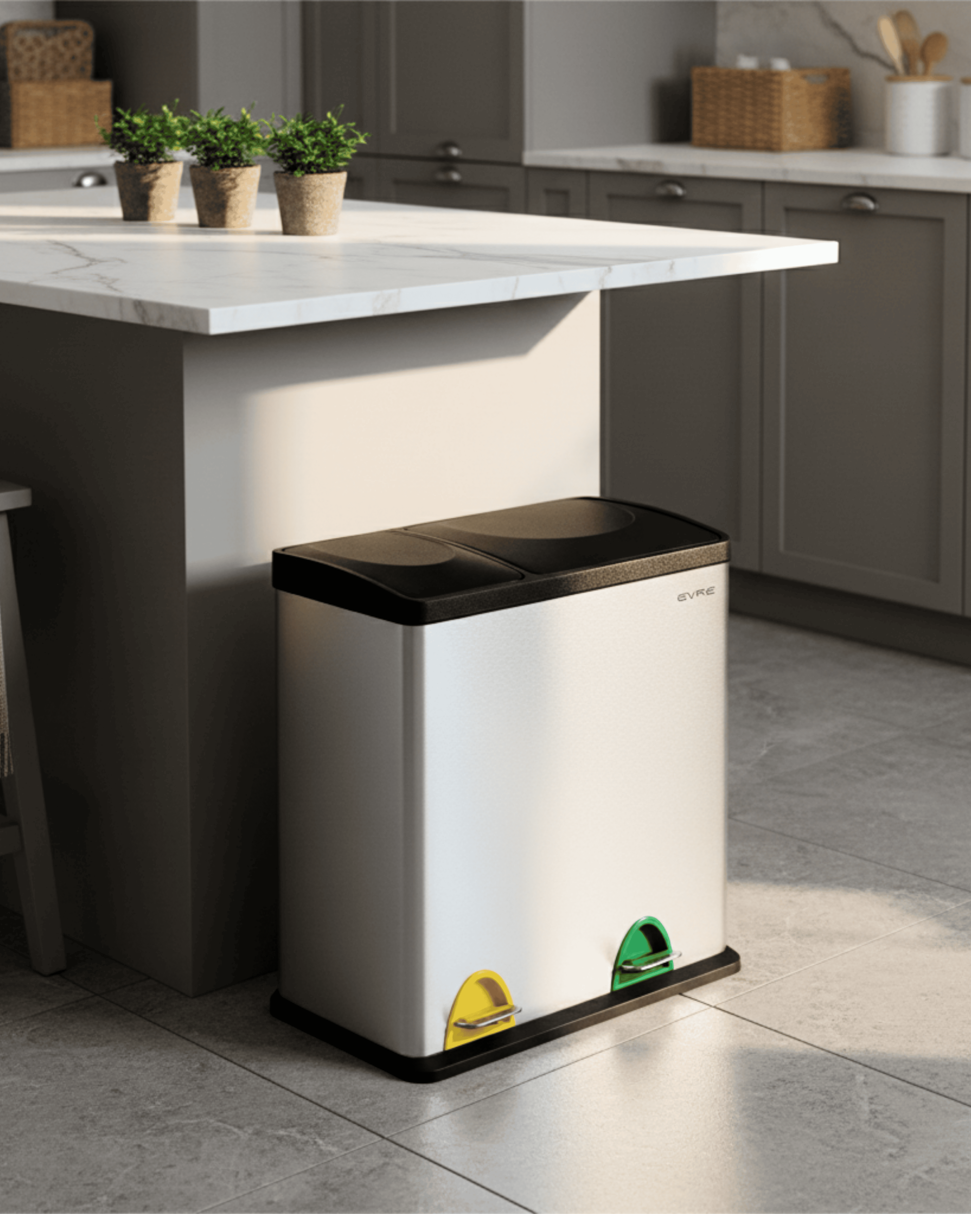 Silver trash bin with colour-coded doors in a kitchen setting