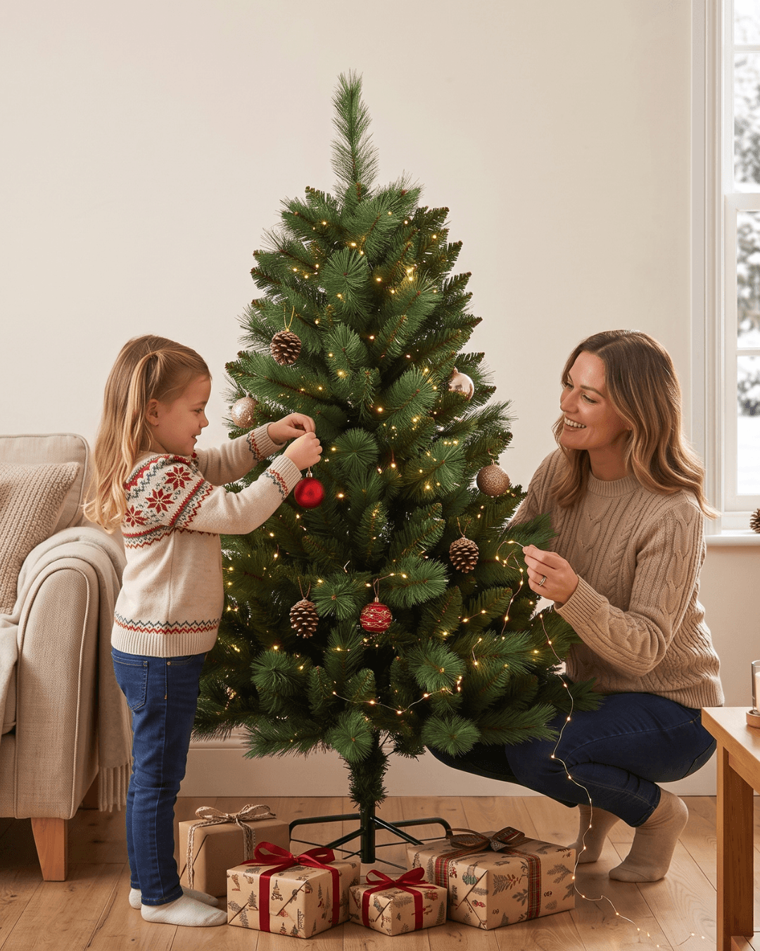Mother and daughter decorating a Canada Spruce artificial Xmas tree by the sofa