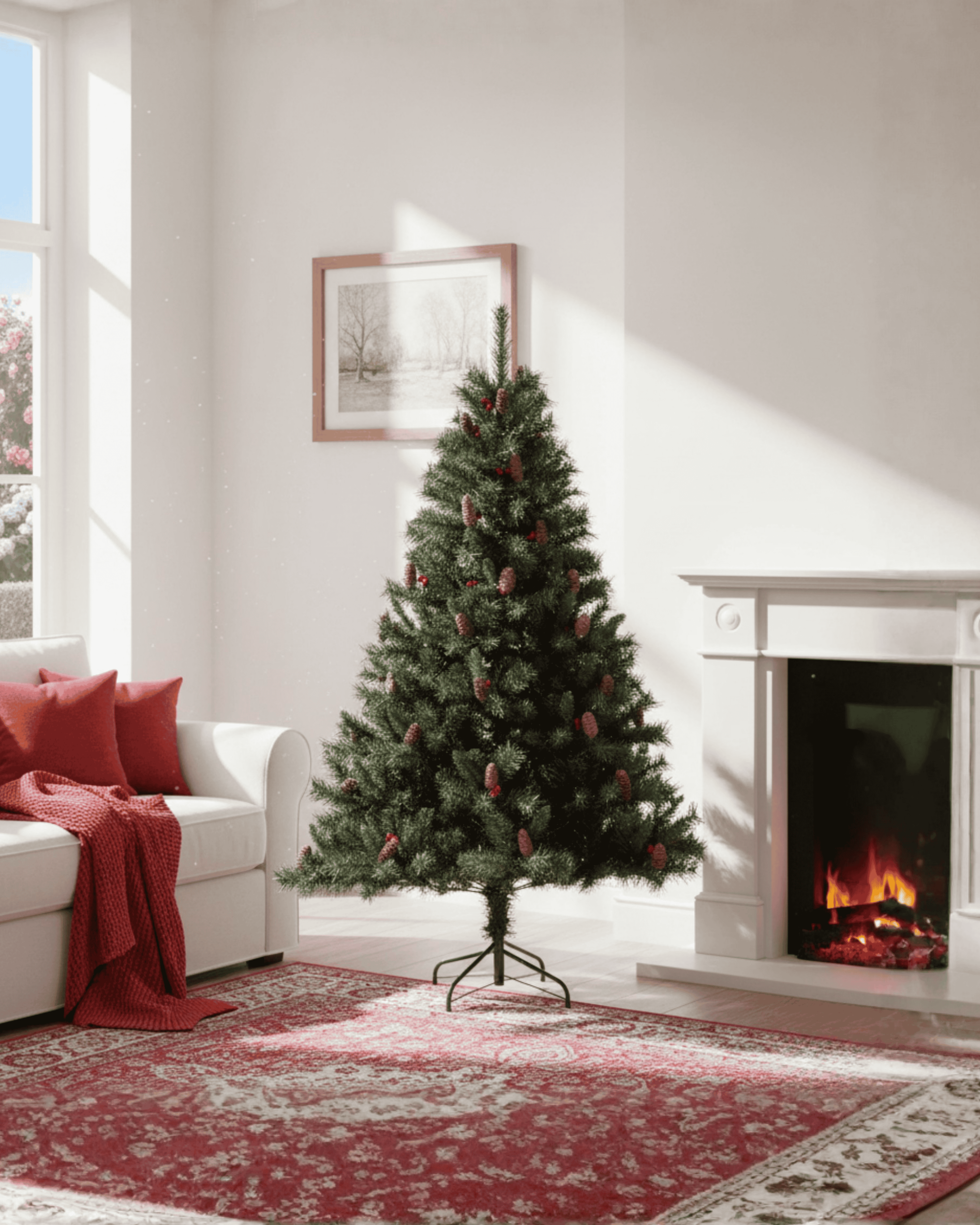 4ft Christmas Tree with Cones and Berries in a living room with a fireplace and white walls.