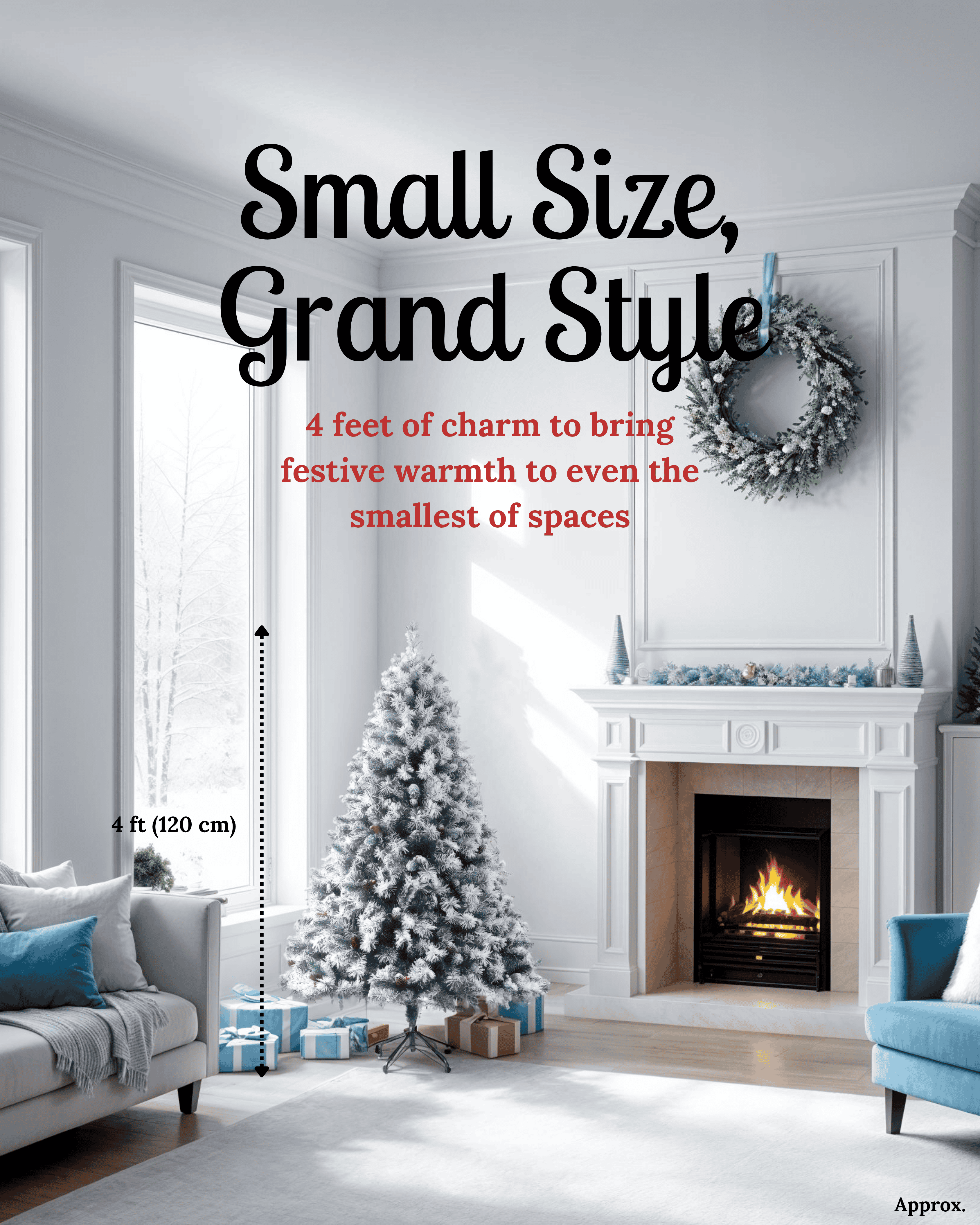 Modern living room with a Christmas tree, fireplace, and decorative wreath