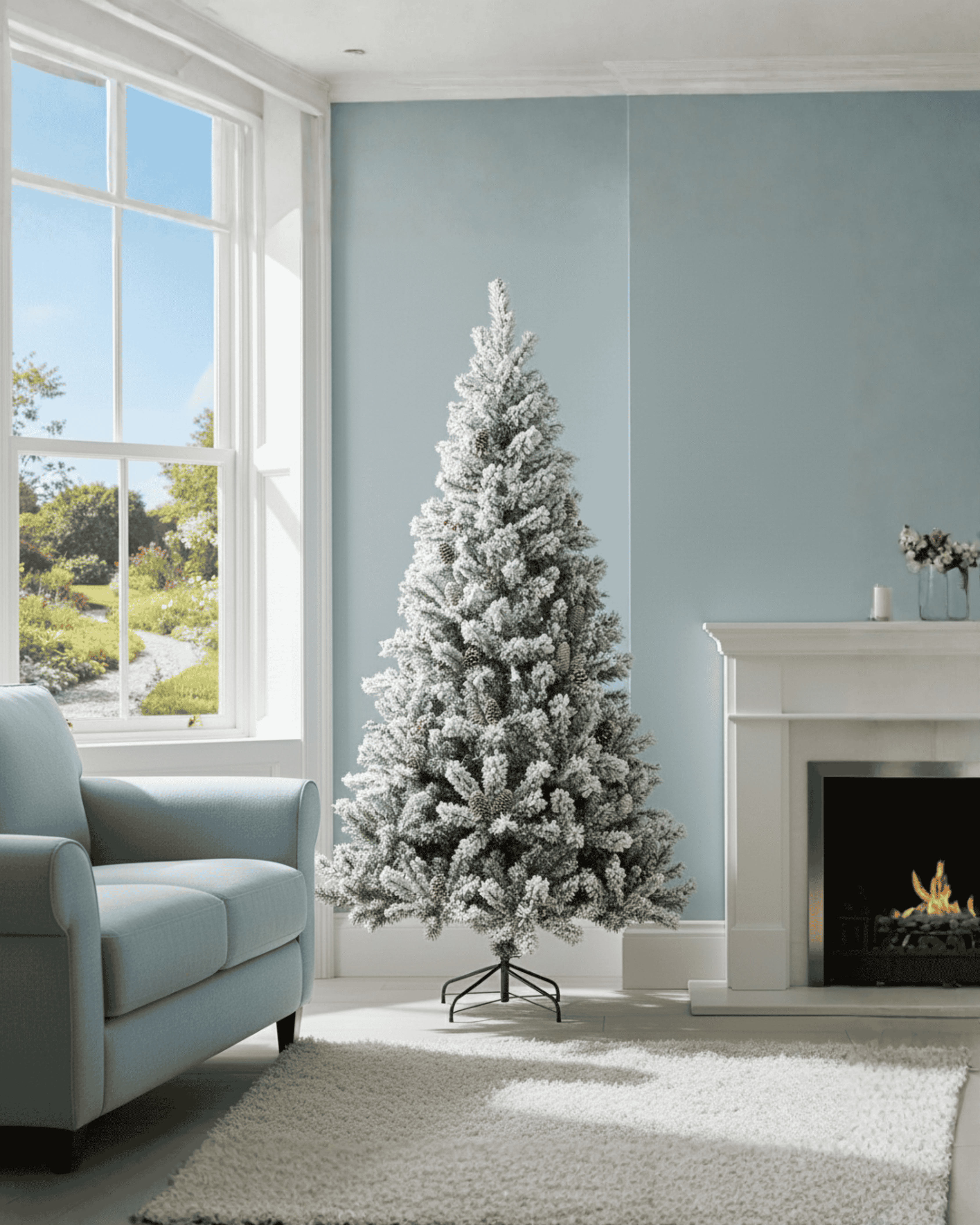 5ft snowy Christmas tree in a living room by a fireplace and window