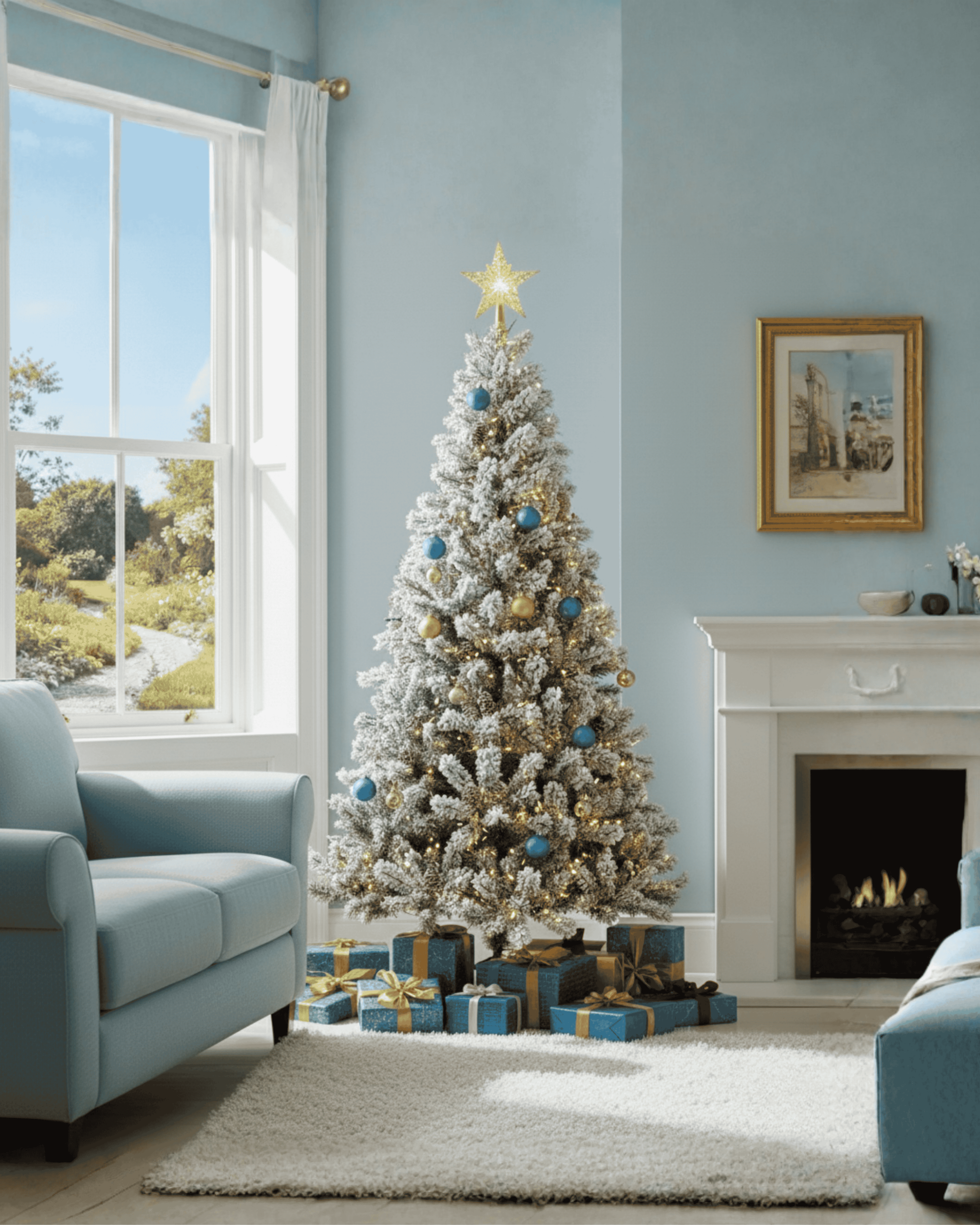 Decorated 5ft snowy white Christmas tree with presents in a living room with light blue walls and a fireplace