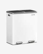 White trash bin with black top on a white background