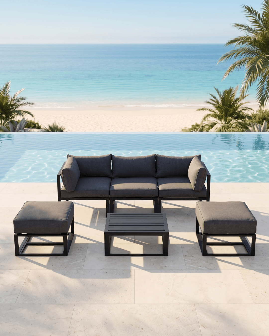 6-piece patio furniture set arranged on a light stone deck overlooking a tropical beach