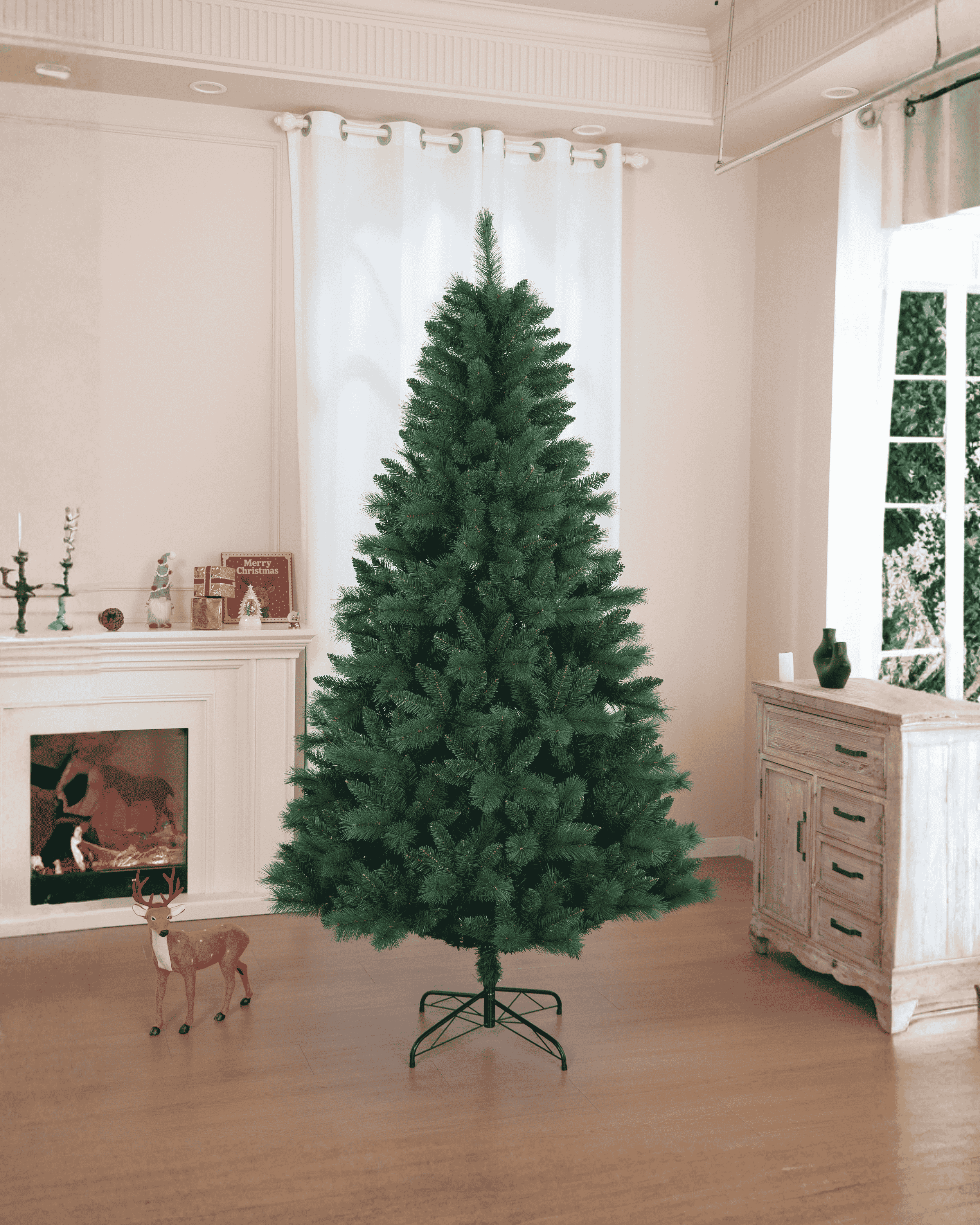 Medium-sized Christmas tree in a living room