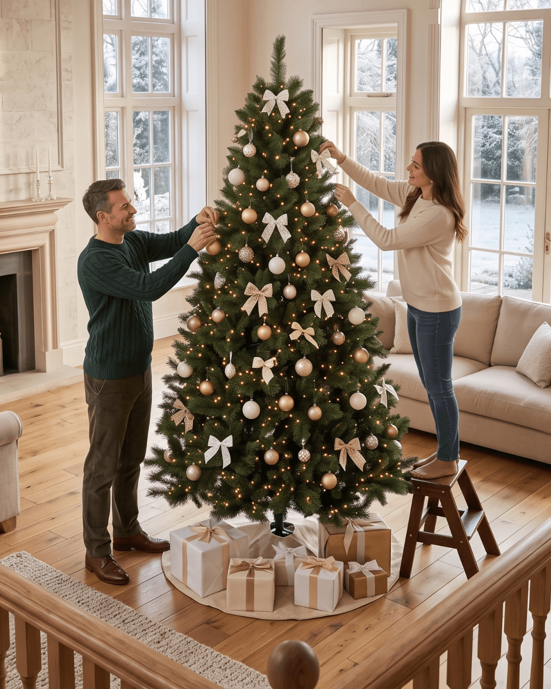 Decorating an 8ft Canada Spruce artificial Christmas tree with warm string lights, white bows, and gold and cream ornaments