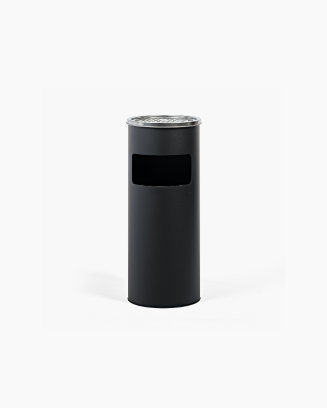 Black cylindrical trash can topped with a silver ashtray
