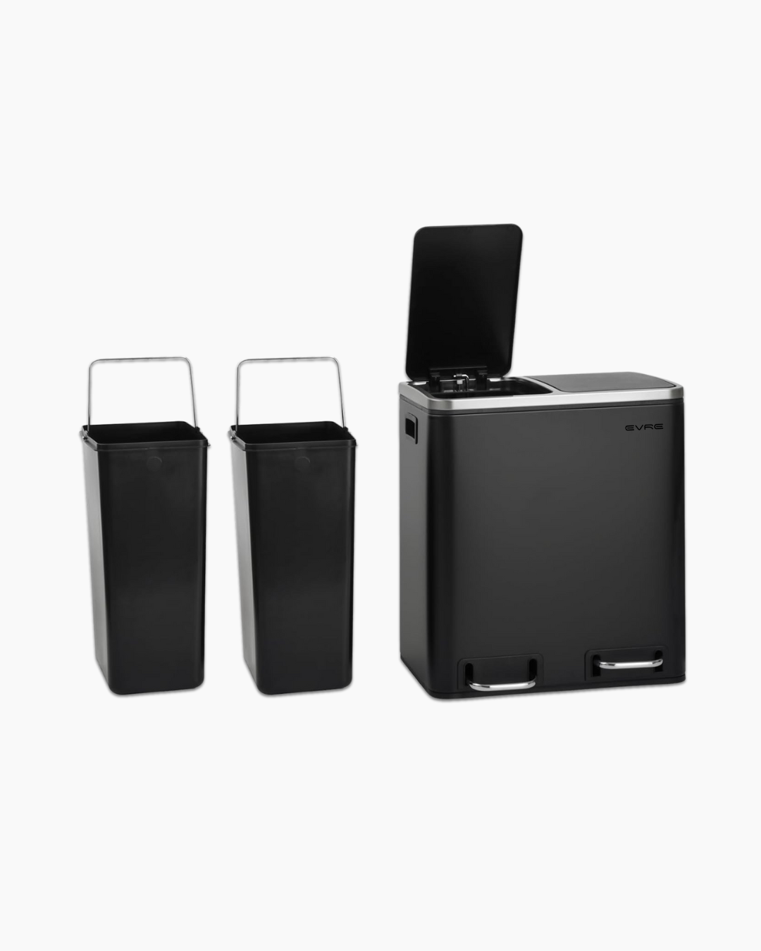 Black trash bin next to two inner bin compartments