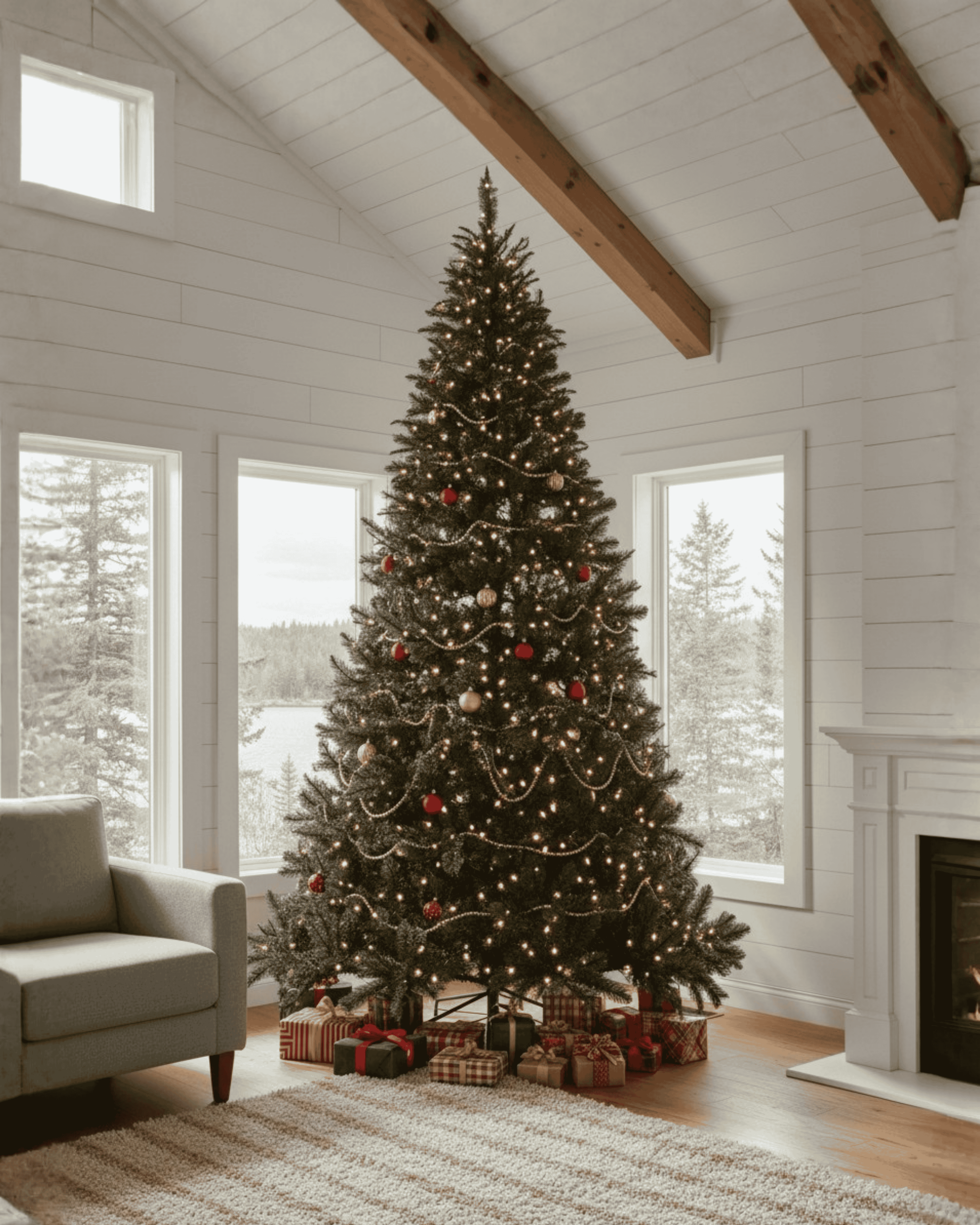 Decorated 9ft Christmas tree in a living room