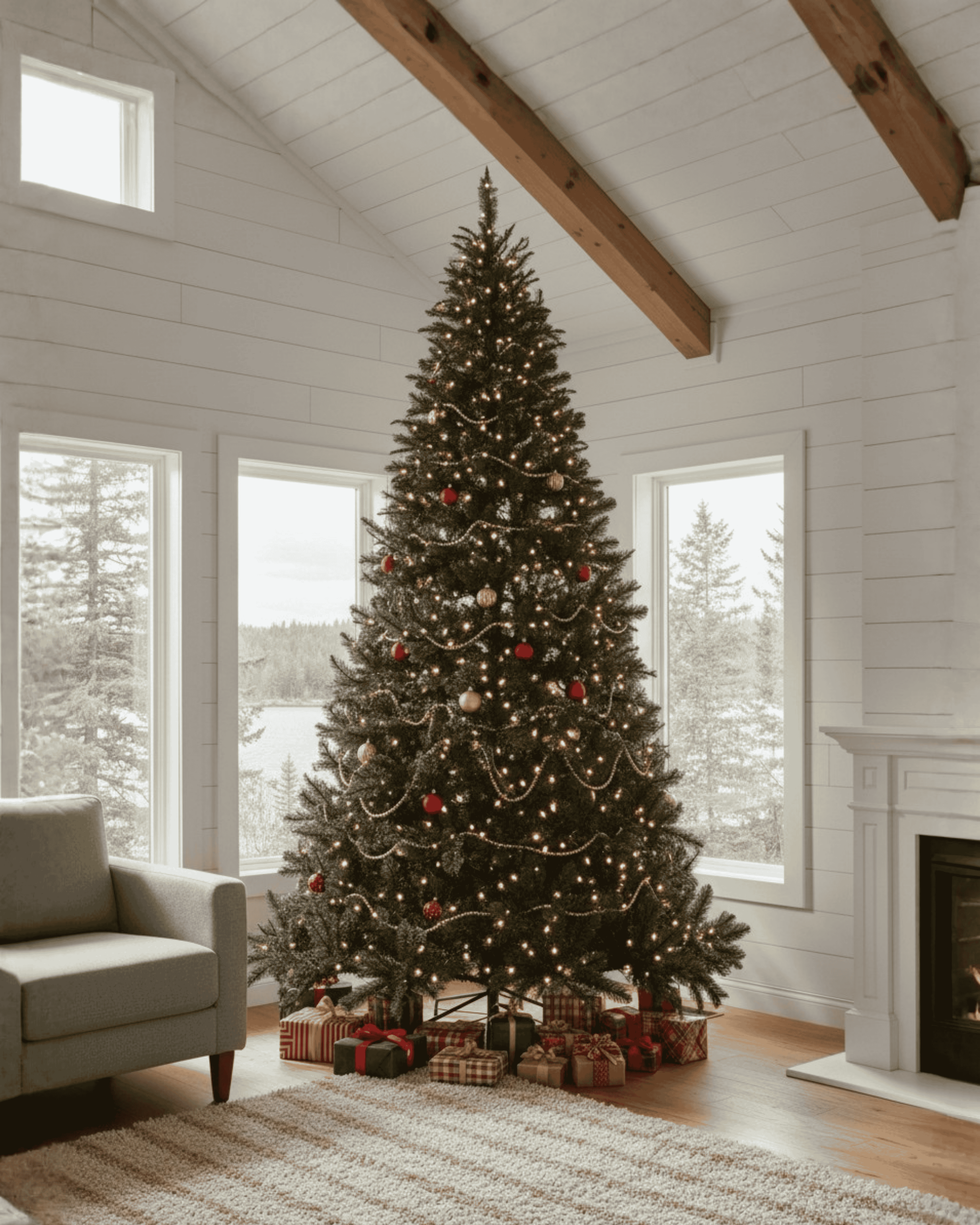 Decorated 9ft Christmas tree in a living room
