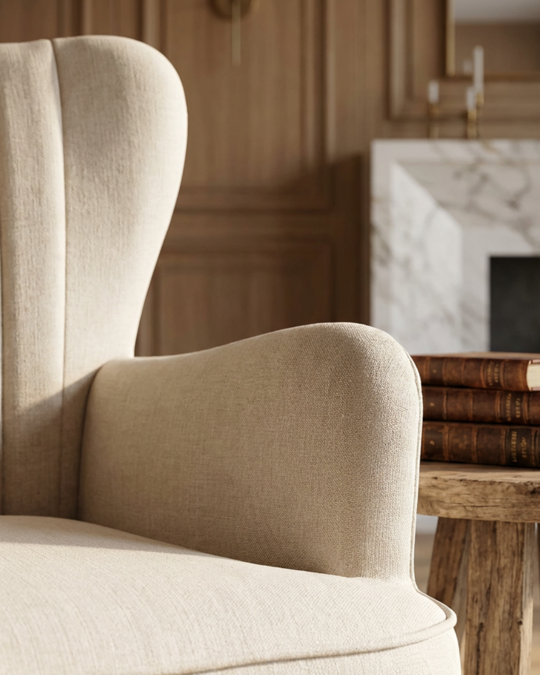 Cream wingback chair in a room with wooden paneling and a fireplace