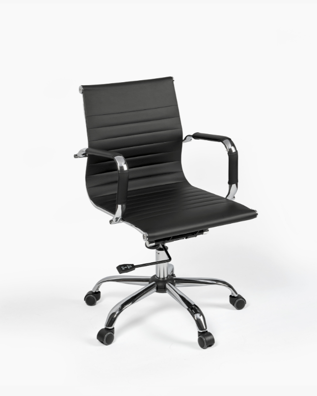 Black office chair with wheels and chrome accents
