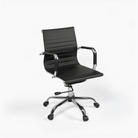 Black office chair with wheels and chrome accents