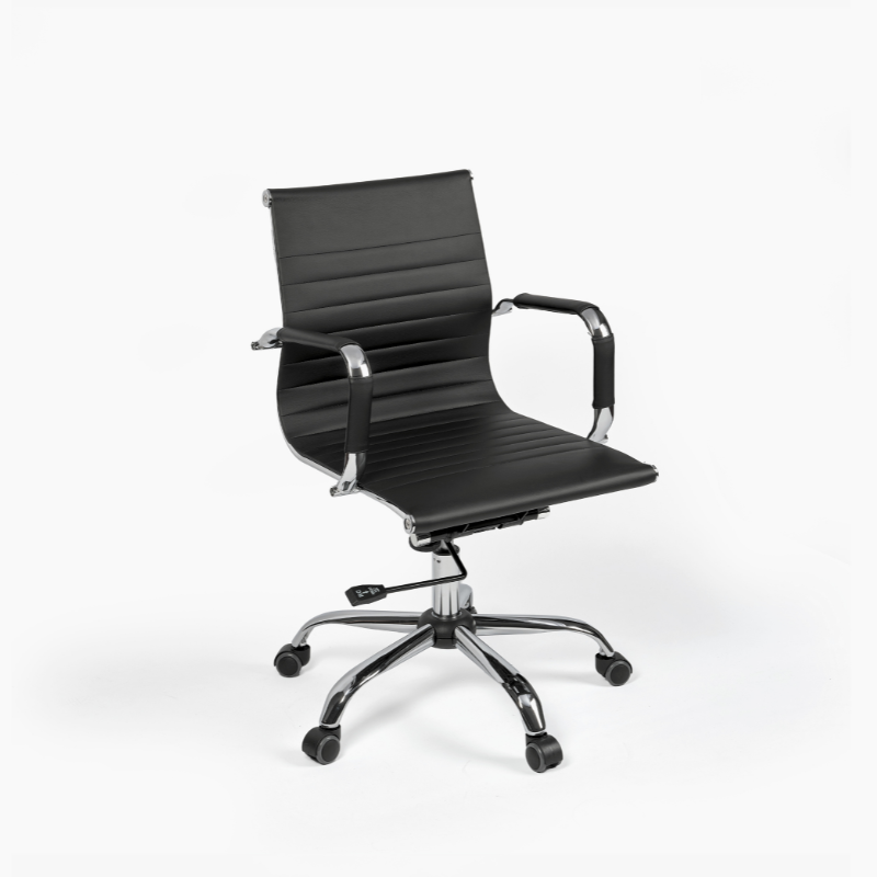 Black office chair with wheels and chrome accents
