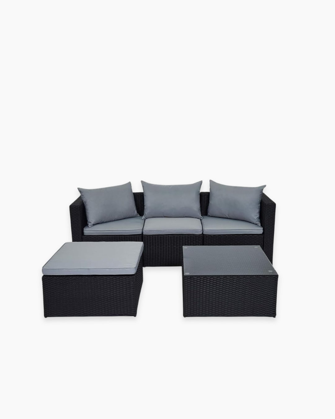 Black outdoor furniture set with grey cushions