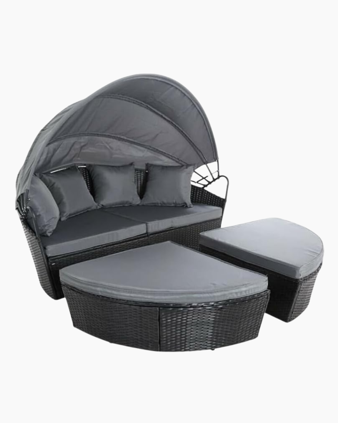 Black Rattan Modular Daybed with canopy and 4 grey cushions