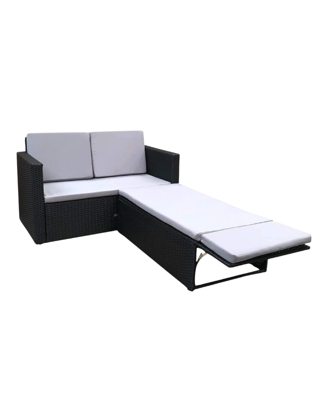 Sectional outdoor sofa with black frame and cream cushions