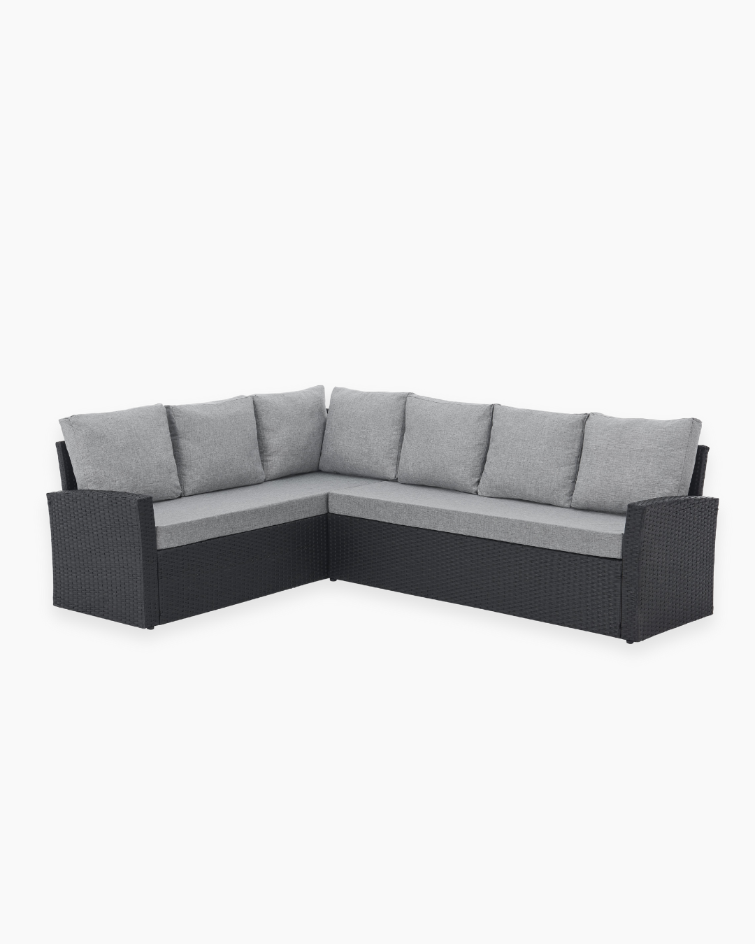 Black Rattan Right Hand Corner Sofa with grey cushions