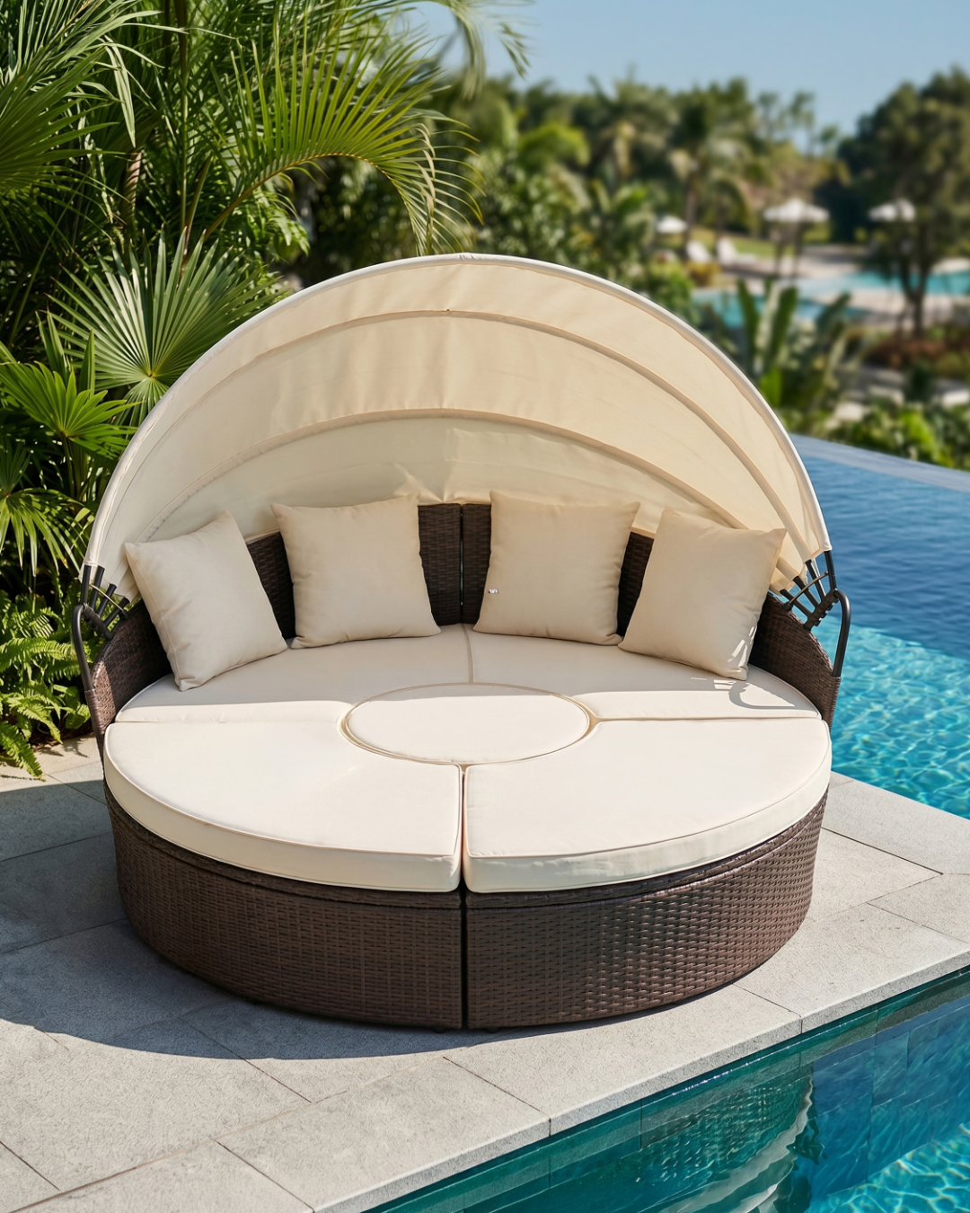 Modular round sofa daybed with canopy by the poolside