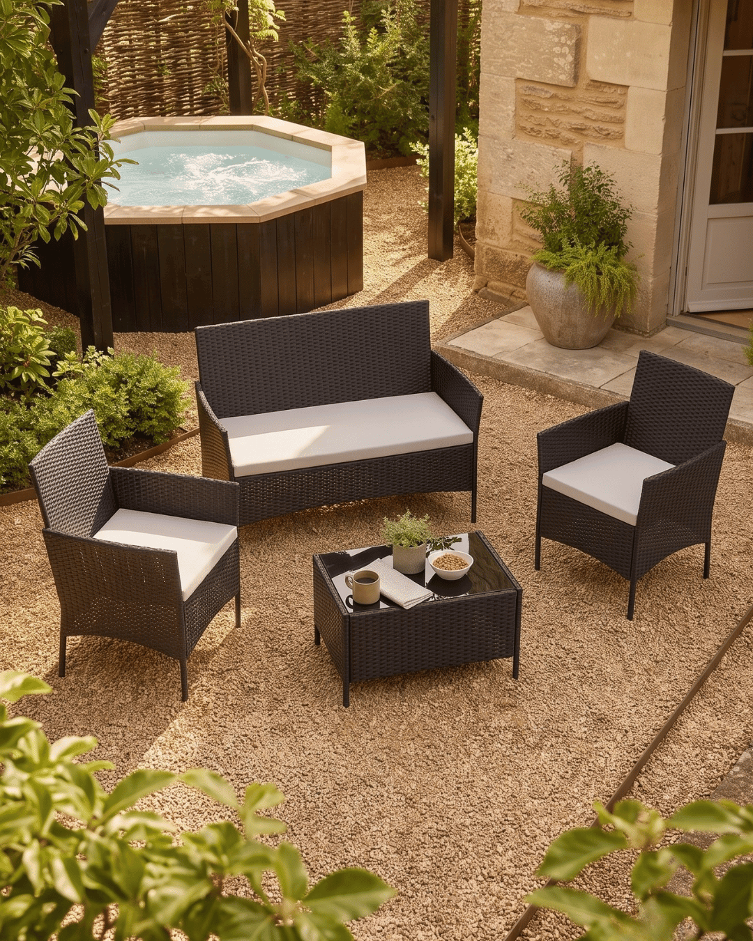 Four-piece outdoor patio furniture set including a loveseat, two armchairs, and a coffee table with seat cushions