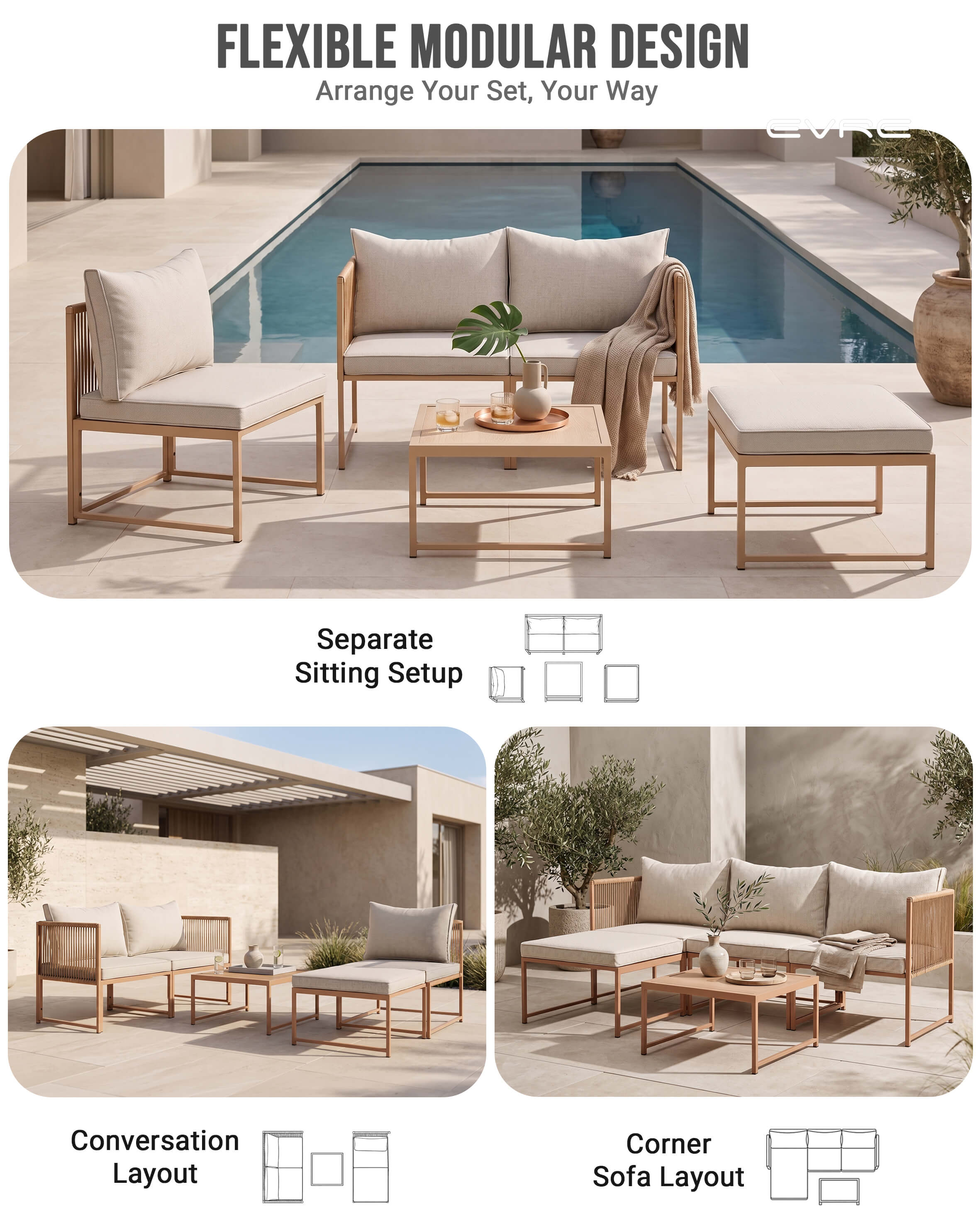 Modular garden sofa with rope details