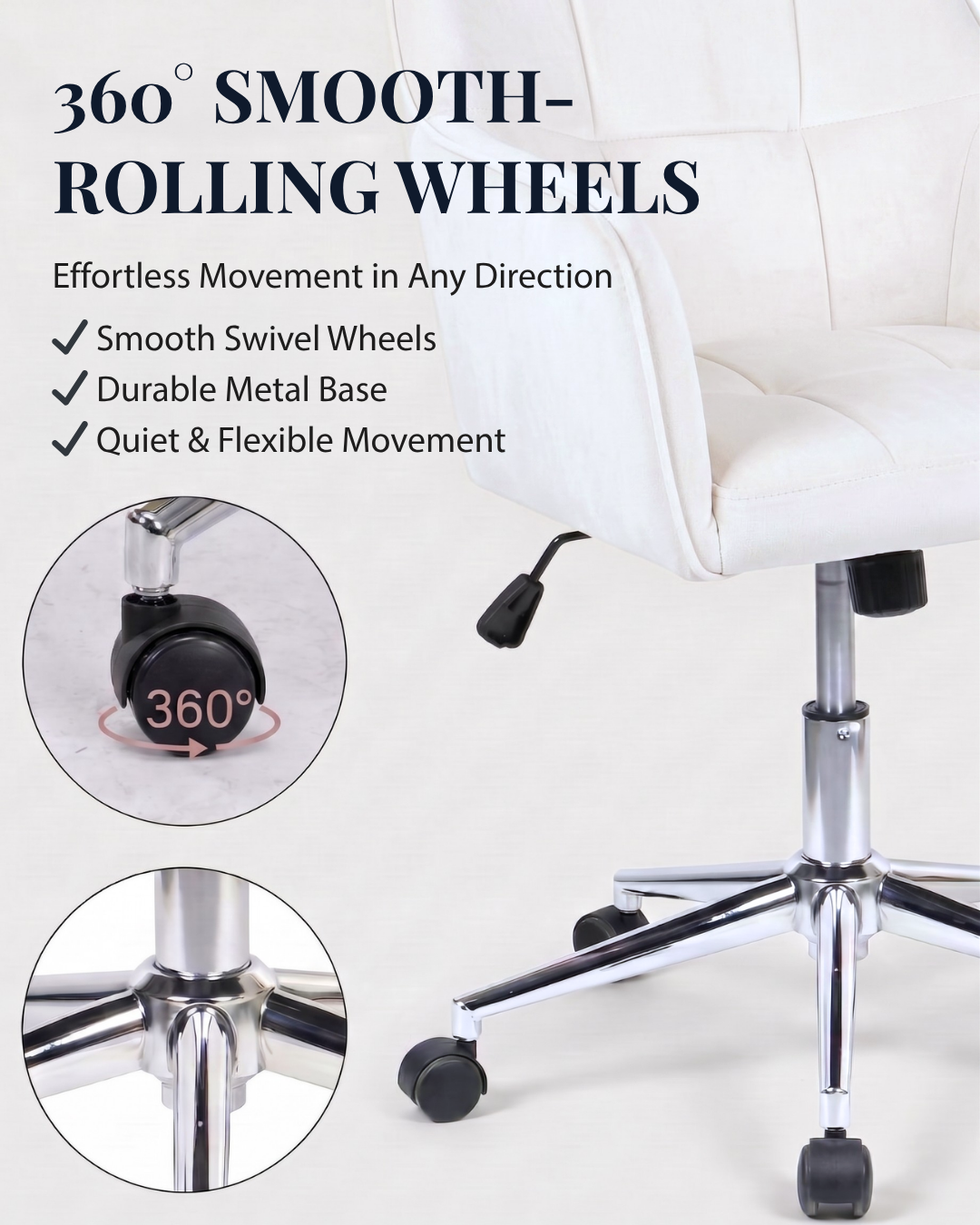 White ffice chair with 360-degree smooth-rolling wheels