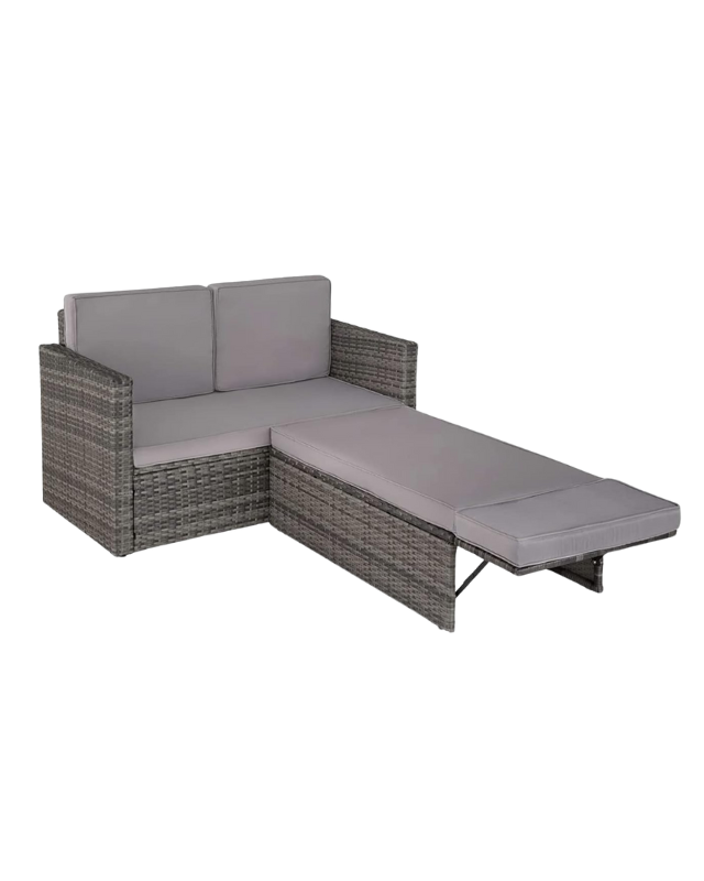 Grey rattan sofa with modular lounging footstool