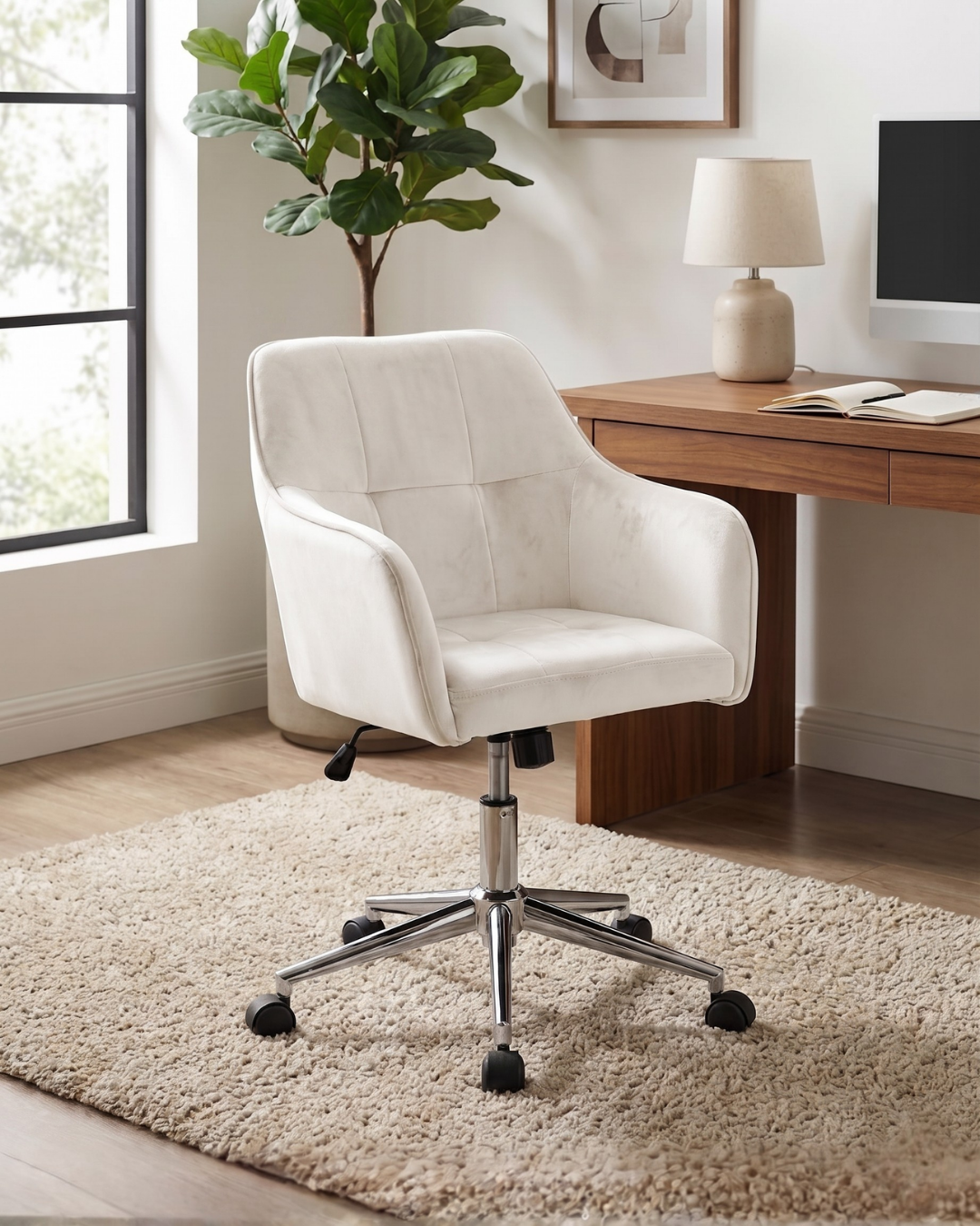 White velvet office chair in a home office setting with a desk and lamp