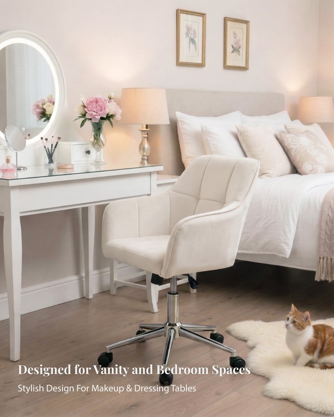 Modern bedroom with vanity table, white velvet swivel chair, and bed with cat on rug