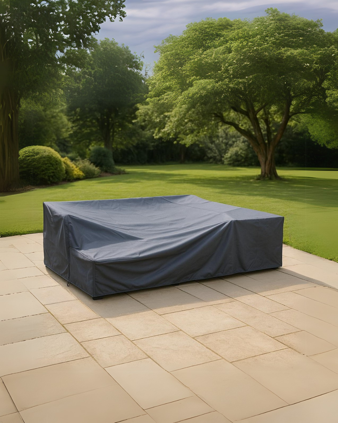 Grey outdoor furniture cover against a garden backdrop