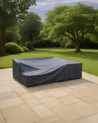 Grey outdoor furniture cover against a garden backdrop