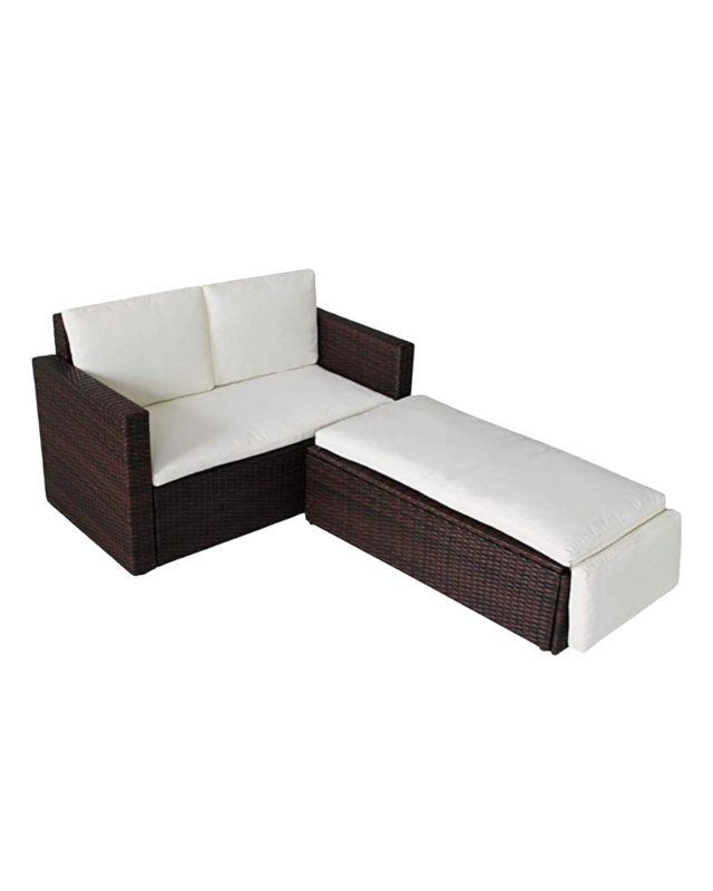 Brown rattan patio sofa bed with modular footstool for lounging