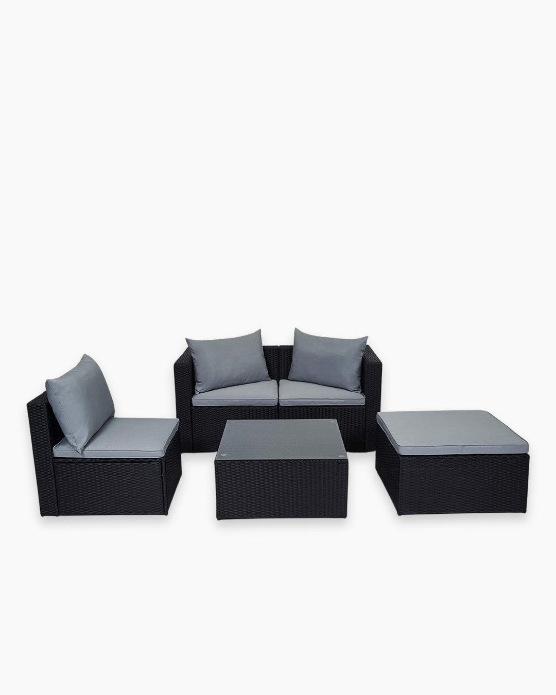Outdoor furniture set with black rattan frame and thick grey cushions