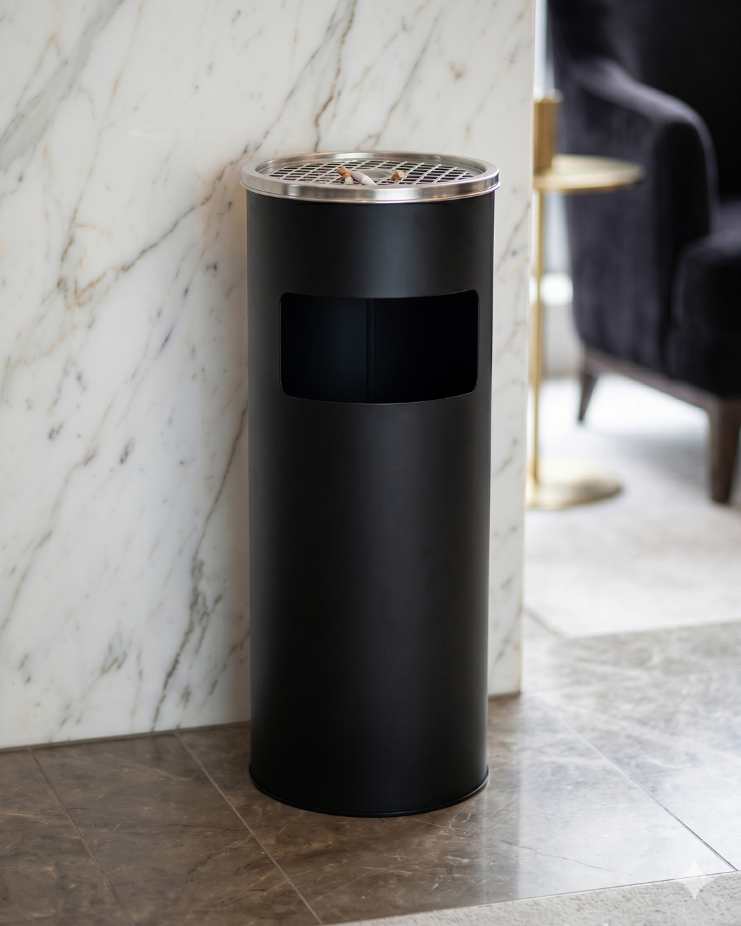 Matte Black Free Standing Ashtray Rubbish Bin in hotel lobby