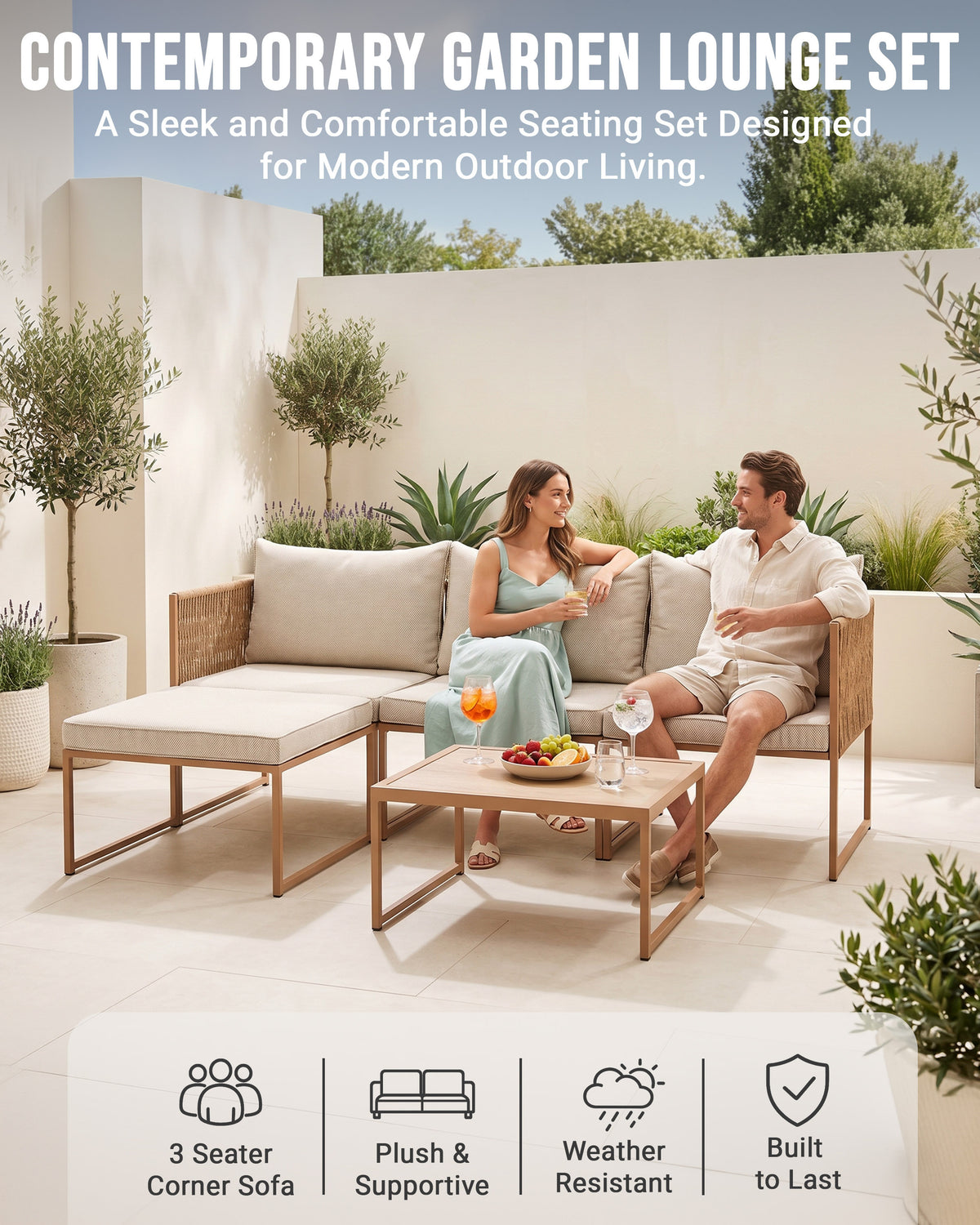 3 seater garden furniture with beige cushions
