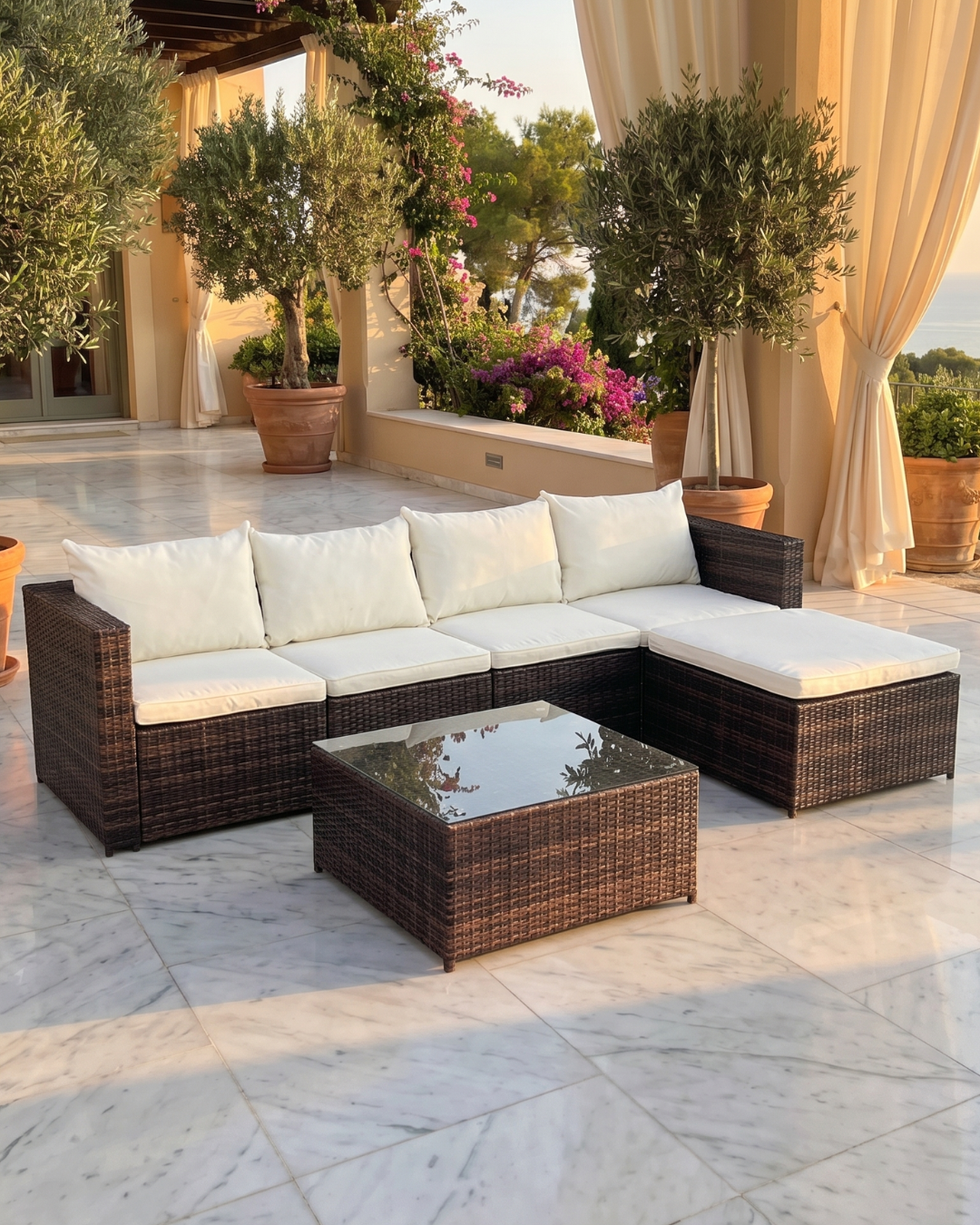 Brown Rattan Garden Furniture Set with Cream Cushions