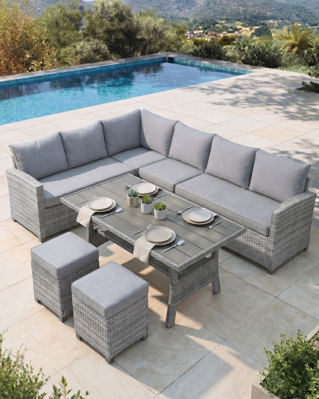 8 seater grey rattan corner sofa dining set by a pool