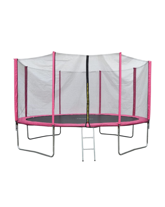 Pink trampoline with safety net and ladder