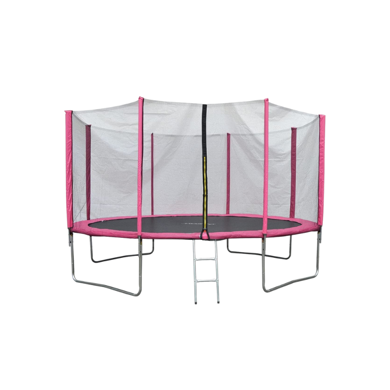 Pink trampoline with safety net and ladder