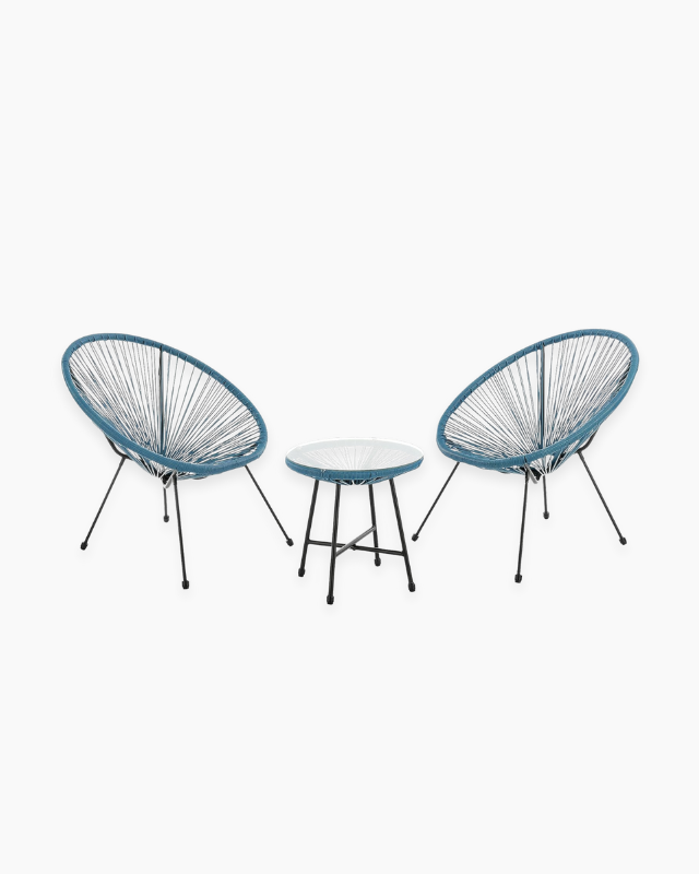 Two blue outdoor chairs and a small round table