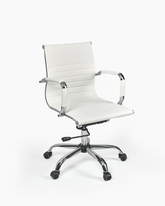 White office chair with wheels and chrome accents