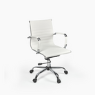 White office chair with wheels and chrome accents