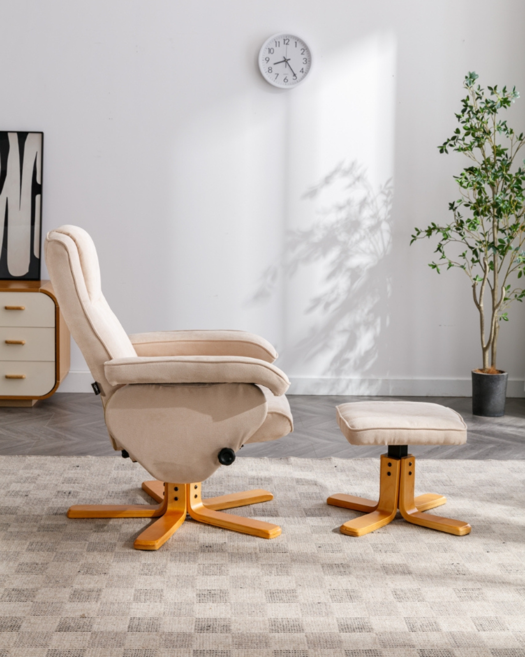 Cream recliner chair with ottoman in a cosy room