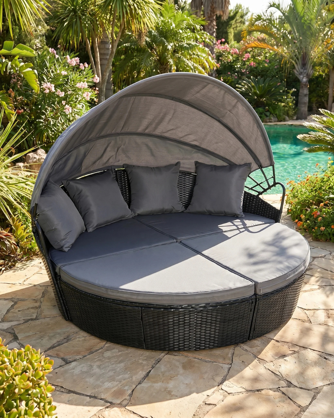 black rattan garden day bed with canopy