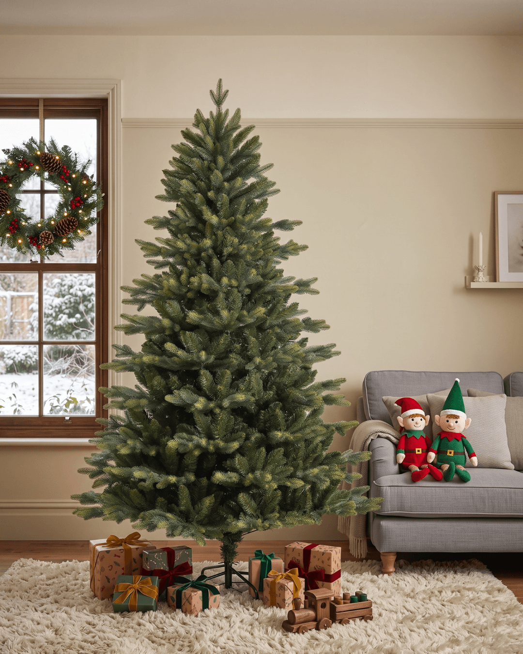 A 7ft tall artificial Christmas tree stands in a living room next to a window with a wreath, with wrapped gifts underneath