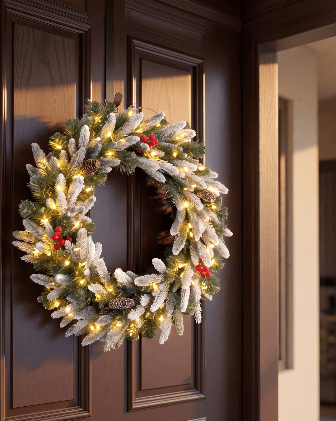 Pre-lit Christmas wreath with flocked tips, pine cones and red berries on a front door