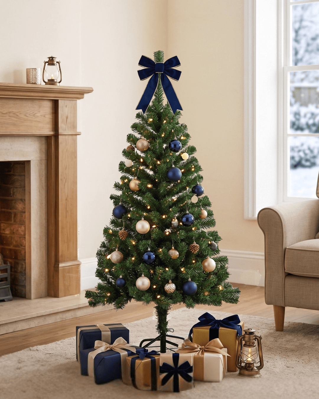 An artificial Christmas tree decorated with blue and cream ornaments, and a large navy bow, stands in a cosy living room beside a fireplace and window