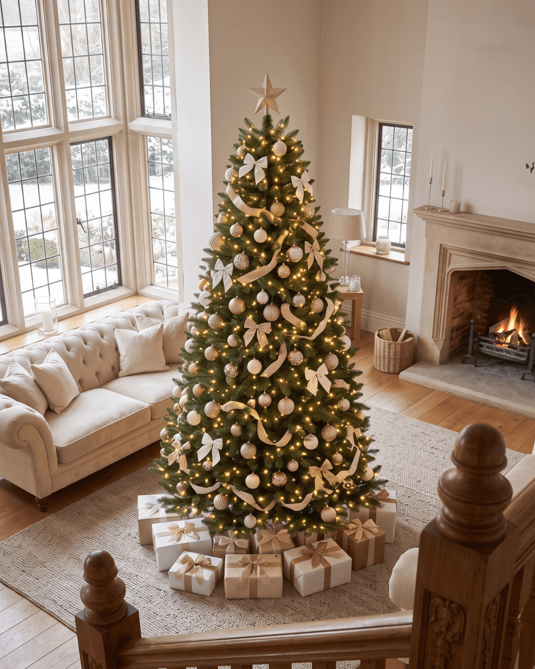 An 8ft Christmas tree stands in a bright living room with a fireplace, sofa, and wrapped gift boxes at the base