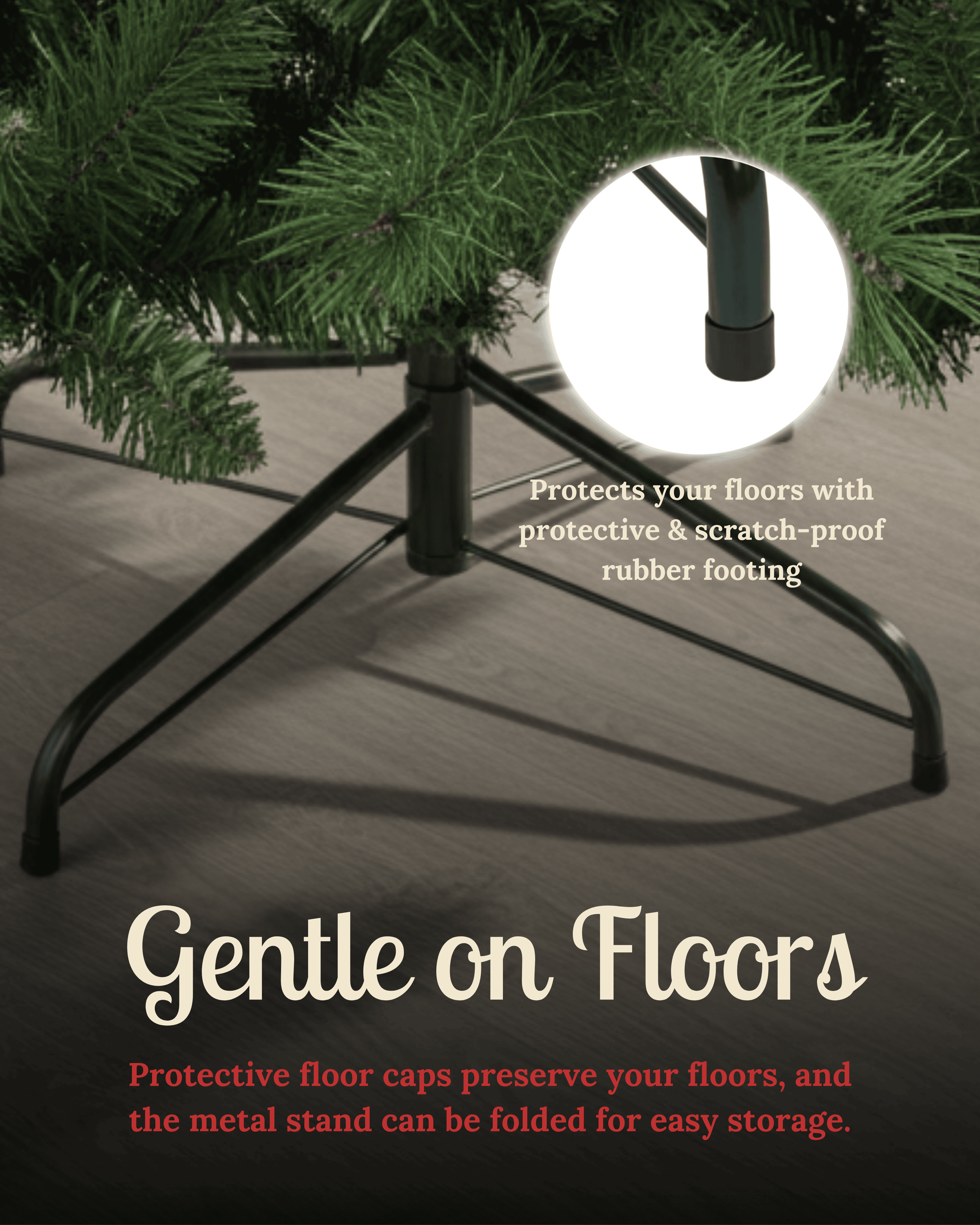 Foldable christmas tree stand with protective floor caps on a wooden floor