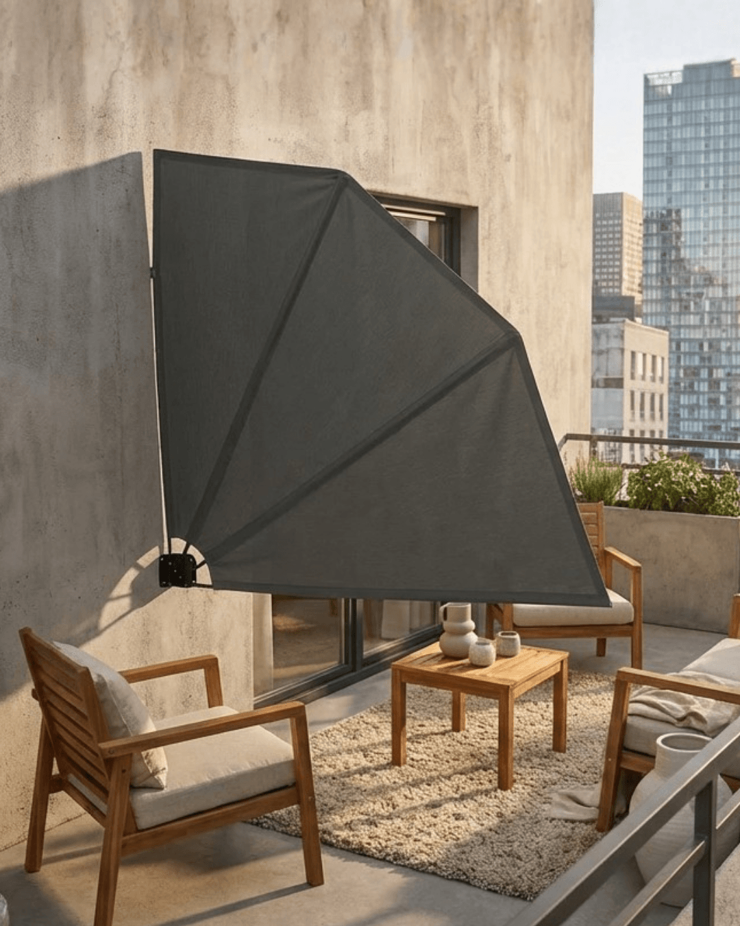 Grey Collapsible side awning mounted on the wall providing shade over patio furniture